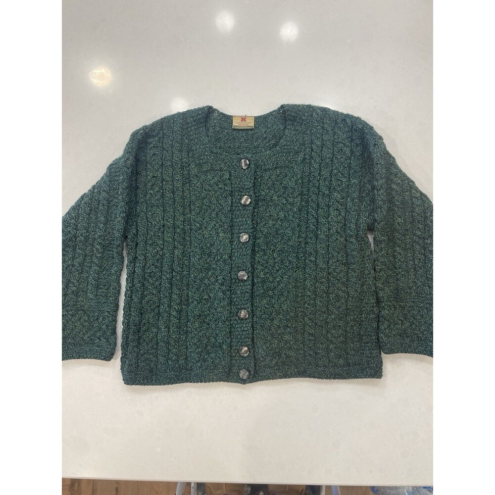 Carraig Donn Cardigan Womens M Green Pure New Wool Cable Knit Ireland Fisherman